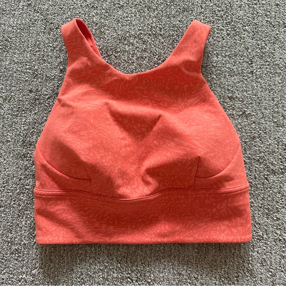 Lululemon Energy Bra Long Line‎ Sports Bra Size 4 Coral Orange Pattern